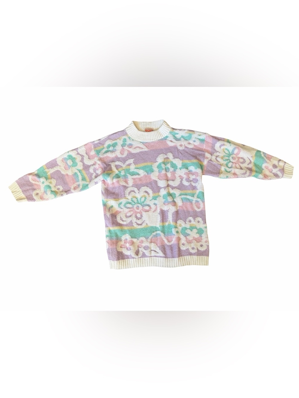Vintage 80s Spunky Pastel Floral Sweater Metallic Knit Made in USA